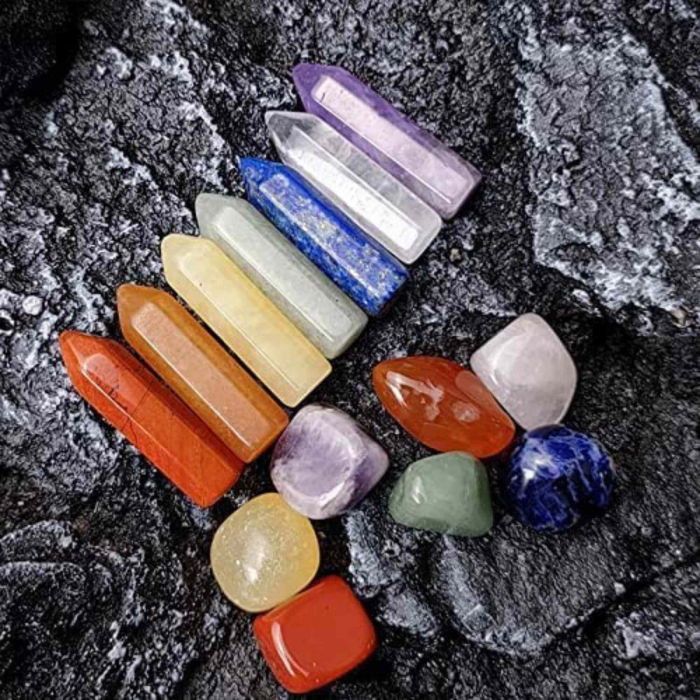Mini Set cu 7 mini pietre semipretioase polisate si 7 cristale semipretioase hexagonale naturale - cristale vindecatoare pentru meditatie, ameliorarea anxietatii, yoga [4]