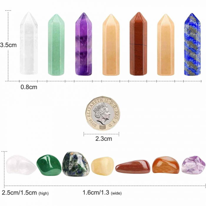 Mini Set cu 7 mini pietre semipretioase polisate si 7 cristale semipretioase hexagonale naturale - cristale vindecatoare pentru meditatie, ameliorarea anxietatii, yoga [3]