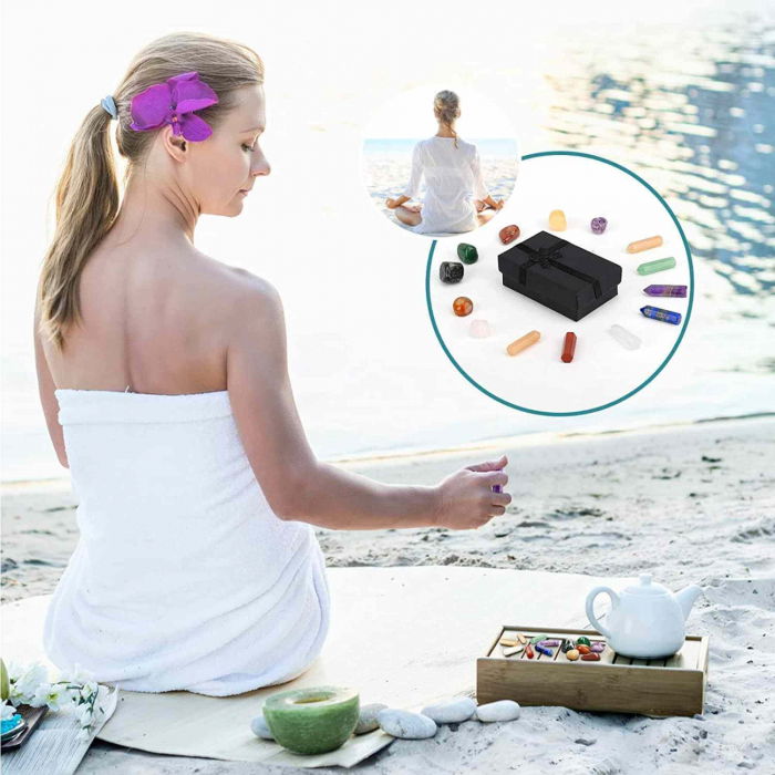 Mini Set cu 7 mini pietre semipretioase polisate si 7 cristale semipretioase hexagonale naturale - cristale vindecatoare pentru meditatie, ameliorarea anxietatii, yoga [8]
