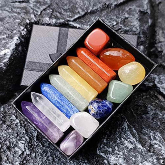 Mini Set cu 7 mini pietre semipretioase polisate si 7 cristale semipretioase hexagonale naturale - cristale vindecatoare pentru meditatie, ameliorarea anxietatii, yoga [5]