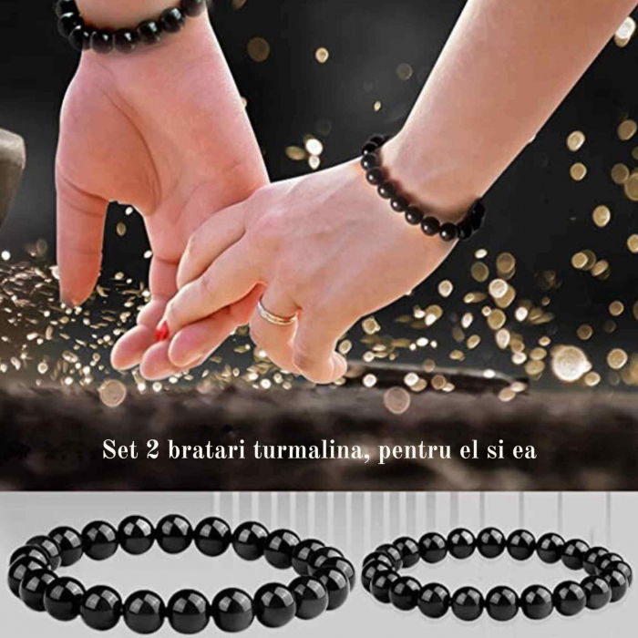 Set 2 bratari din turmalina neagra cu margele de 6 si 8 mm Aduce noroc, pace si dragoste, cadou Feng Shui pentru prieteni, familie [3]