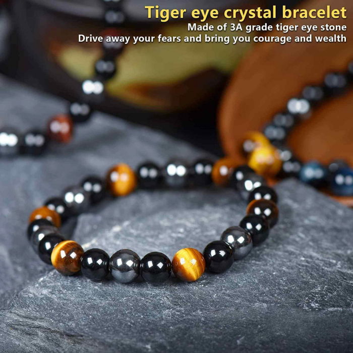 Set 3 Bratari cu Tripla Protectie, Bratara cu Margele de Cristal Vindecator de 8 mm, Bratara din Obsidian Hematit Ochi de Tigru Albastru Rosu pentru Femei si Barbati [3]