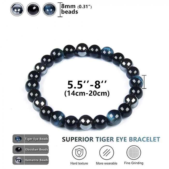 Set 3 Bratari cu Tripla Protectie, Bratara cu Margele de Cristal Vindecator de 8 mm, Bratara din Obsidian Hematit Ochi de Tigru Albastru Rosu pentru Femei si Barbati [2]