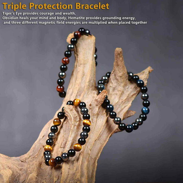 Set 3 Bratari cu Tripla Protectie, Bratara cu Margele de Cristal Vindecator de 8 mm, Bratara din Obsidian Hematit Ochi de Tigru Albastru Rosu pentru Femei si Barbati [5]