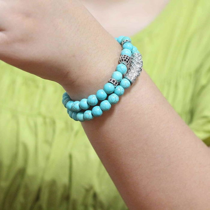 Set 2 Bratari din Turcoaz, Margele de Cristal de Vindecare de 8MM Lucrate Manual, Bratara Ajustabila - Bijuterii din Turcoaz pentru Noroc, Prosperitate si Fericire Simbol al Tineretului si Vitalitatii [3]