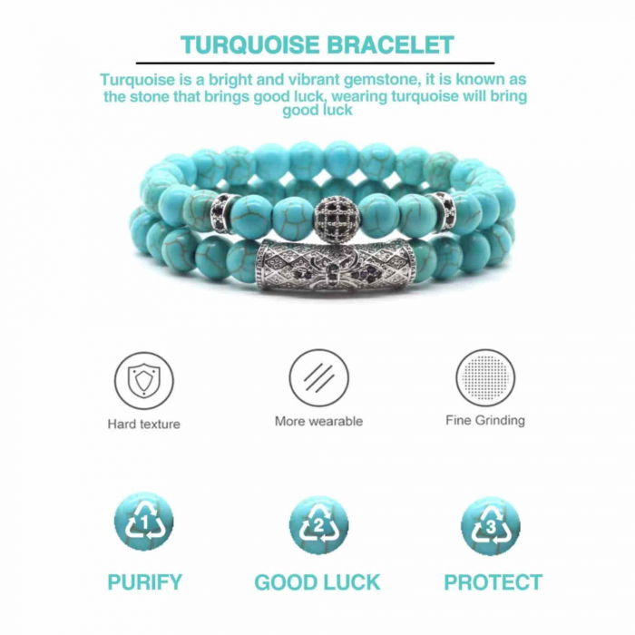 Set 2 Bratari din Turcoaz, Margele de Cristal de Vindecare de 8MM Lucrate Manual, Bratara Ajustabila - Bijuterii din Turcoaz pentru Noroc, Prosperitate si Fericire Simbol al Tineretului si Vitalitatii [5]