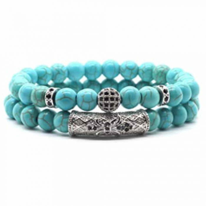 Set 2 Bratari din Turcoaz, Margele de Cristal de Vindecare de 8MM Lucrate Manual, Bratara Ajustabila - Bijuterii din Turcoaz pentru Noroc, Prosperitate si Fericire Simbol al Tineretului si Vitalitatii [1]
