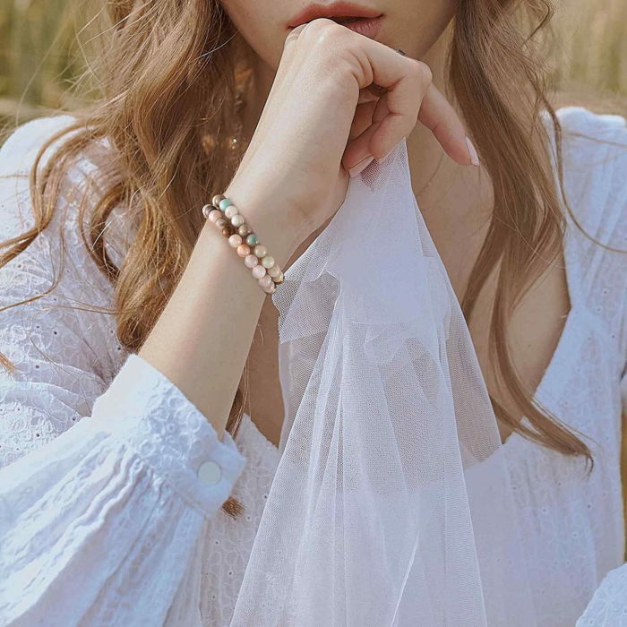 Bratara elastica cu margele pietre semipretioase de 8 mm din frunza agata de bambus si amazonit [4]