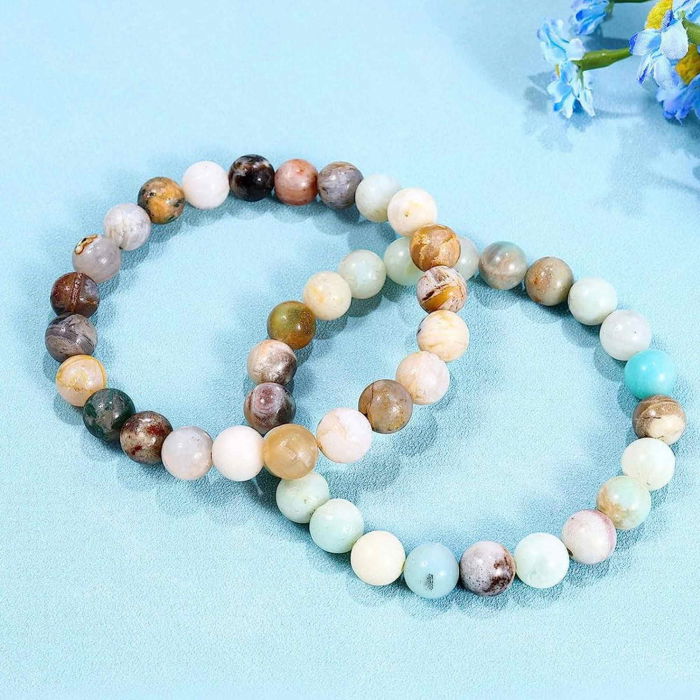 Bratara elastica cu margele pietre semipretioase de 8 mm din frunza agata de bambus si amazonit [5]