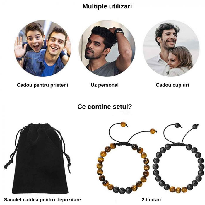 Set 2 bratari reglabile din piatra naturala ochi de tigru si piatra de lava neagra 8mm - Bratara vindecatoare, aromaterapie, difuzor de uleiuri esentiale [3]