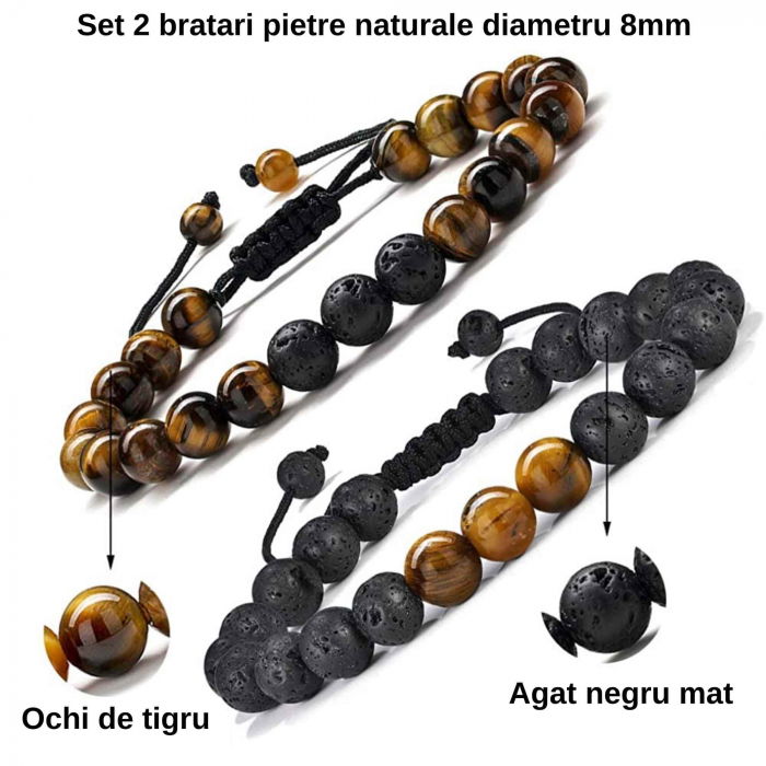 Set 2 bratari reglabile din piatra naturala ochi de tigru si piatra de lava neagra 8mm - Bratara vindecatoare, aromaterapie, difuzor de uleiuri esentiale [5]