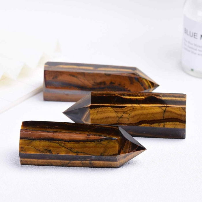 Set 2 turnuri din cristale semipretiose vindecatoare hexagonale Ochi de tigru - Obelisc cu inaltimea de 6 cm [5]