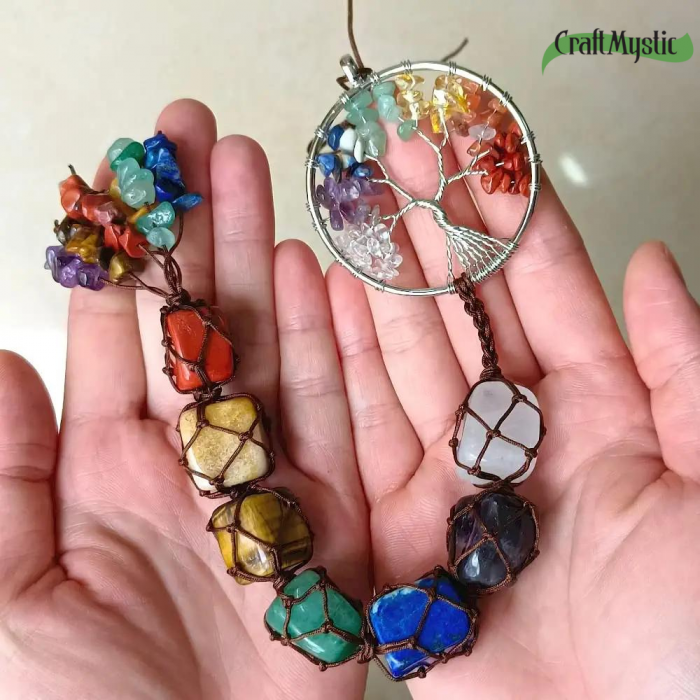 Ornament de agatat tematica pietre chakra - Contine arborele vietii lucrat manual cu pietre semipretioase si cristale vindecatoare a celor 7 chakre [3]