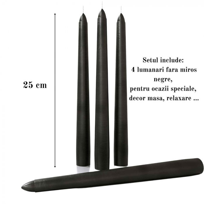 Set 4 Lumanari negre conice de 25 cm - Lumanari fara picurare si fara parfum - Perfecte ca lumanari pentru decor, ocazii speciale [2]