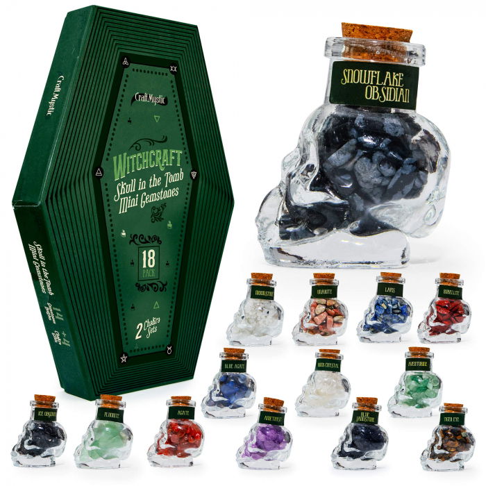 Set 14 Mini Cristale Naturale in sticlute cu forma de craniu – Un cadou perfect pentru incepatori in magie si vindecare spirituala -  Cristale si pietre chakra Wiccan [1]