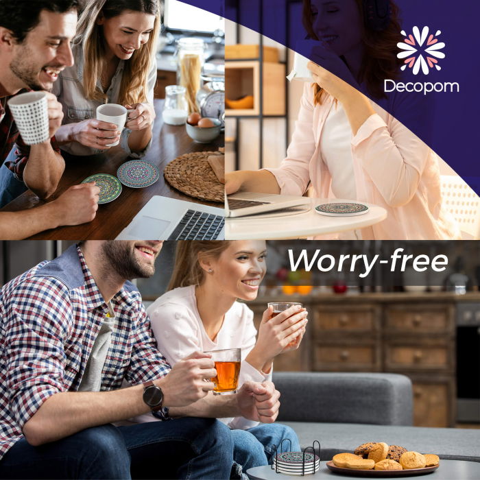 Set 8 suporturi pentru pahare tematica boho mandala si organizator, material ceramica absorbanta cu baza din pluta antiaderenta [6]