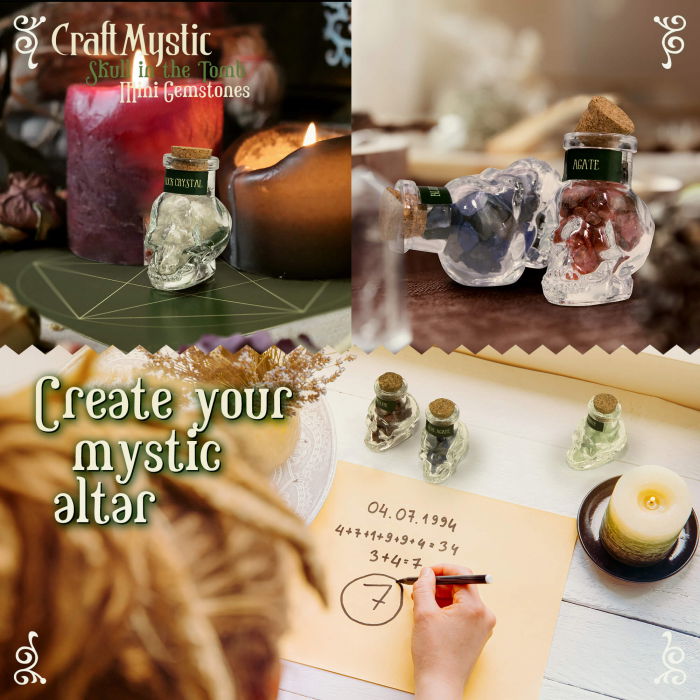 Set 14 Mini Cristale Naturale in sticlute cu forma de craniu – Un cadou perfect pentru incepatori in magie si vindecare spirituala -  Cristale si pietre chakra Wiccan [4]