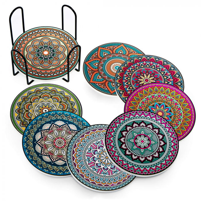 Set 8 suporturi pentru pahare tematica boho mandala si organizator, material ceramica absorbanta cu baza din pluta antiaderenta [1]