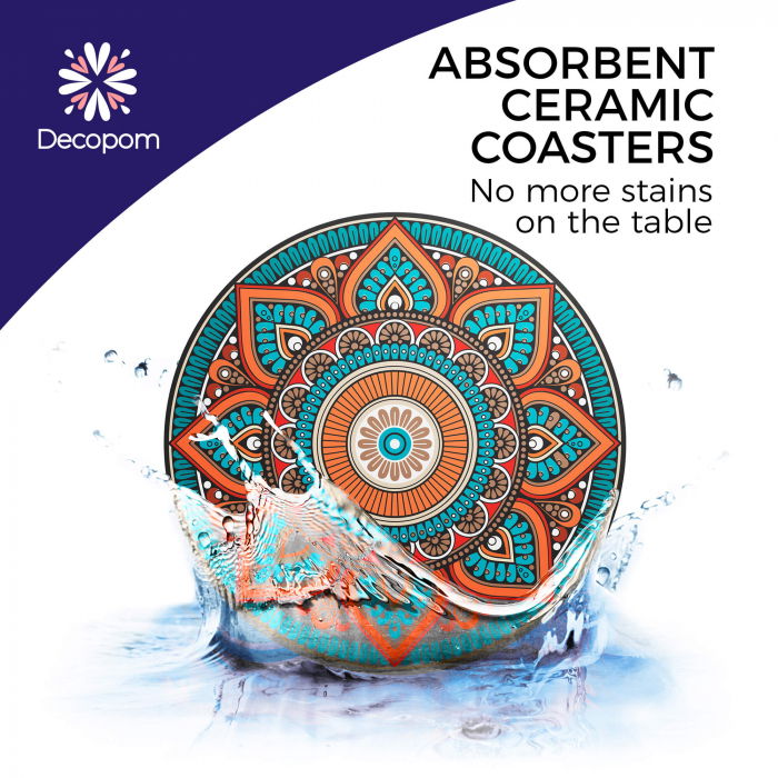 Set 8 suporturi pentru pahare tematica boho mandala si organizator, material ceramica absorbanta cu baza din pluta antiaderenta [10]