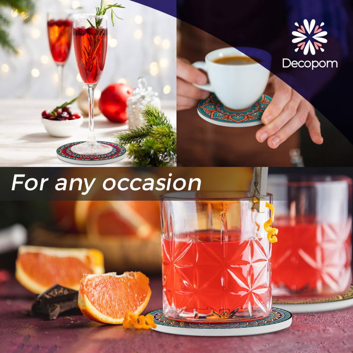 Set 8 suporturi pentru pahare tematica boho mandala si organizator, material ceramica absorbanta cu baza din pluta antiaderenta [9]