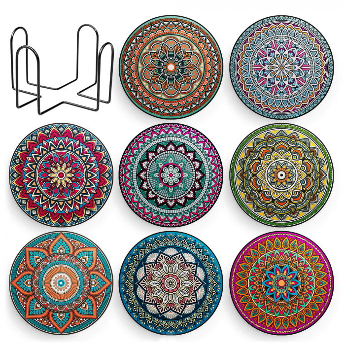 Set 8 suporturi pentru pahare tematica boho mandala si organizator, material ceramica absorbanta cu baza din pluta antiaderenta [2]