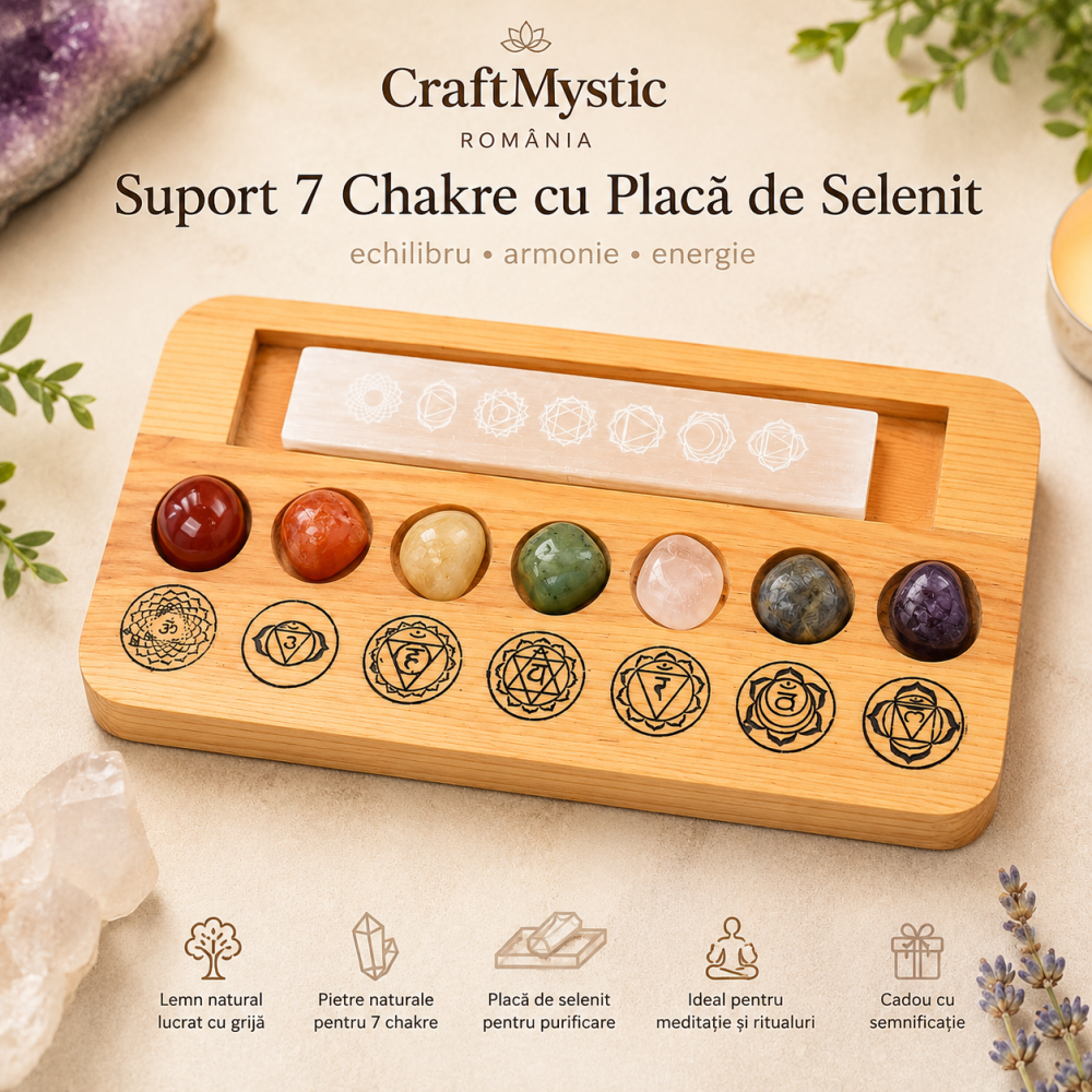 Set 7 Pietre Chakra cu Placa de Selenit si Suport din Lemn – Echilibru Energetic si Purificare [2]