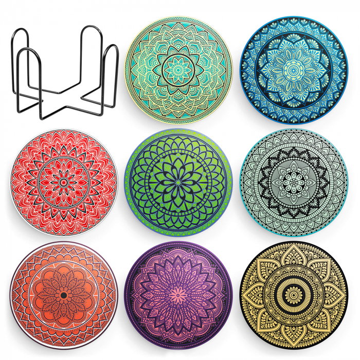 Set 8 suporturi pentru pahare tematica boho mandala deschis si organizator, material ceramica absorbanta cu baza din pluta antiaderenta - Copie [1]