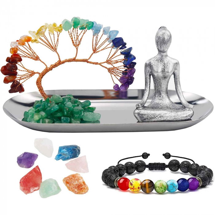 Set accesorii pentru meditatie spirituala cu 7 pietre semipretioase chakra, figurina yoga si bratara - Decor Feng Shui, ideal pentru o stare de liniste si relaxare [1]