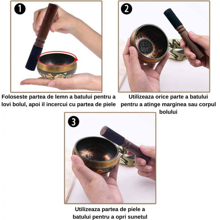 Set Bol Tibetan cantator prelucrat manual la poalele muntelui Himalaya - un percutor cu doua capete din lemn si piele, si o perna cusuta manual – ideal pentru energizare, purificare si meditatie [3]