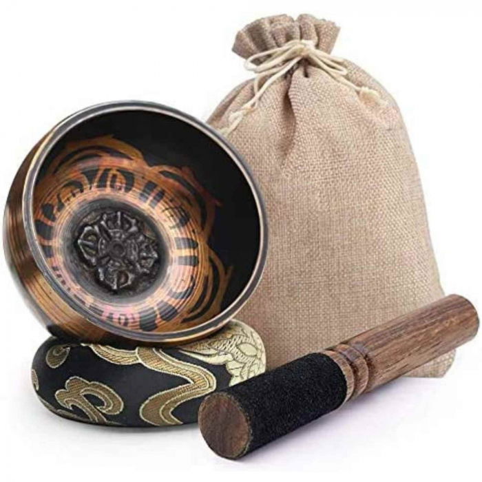 Set Bol Tibetan cantator prelucrat manual la poalele muntelui Himalaya - un percutor cu doua capete din lemn si piele, si o perna cusuta manual – ideal pentru energizare, purificare si meditatie [1]