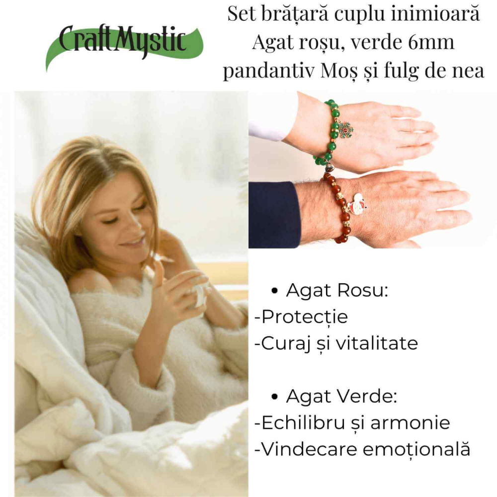 Set bratari cuplu Agat rosu, verde cu accesoriu Mos Craciun si fulg de nea - iubire si protectie [3]