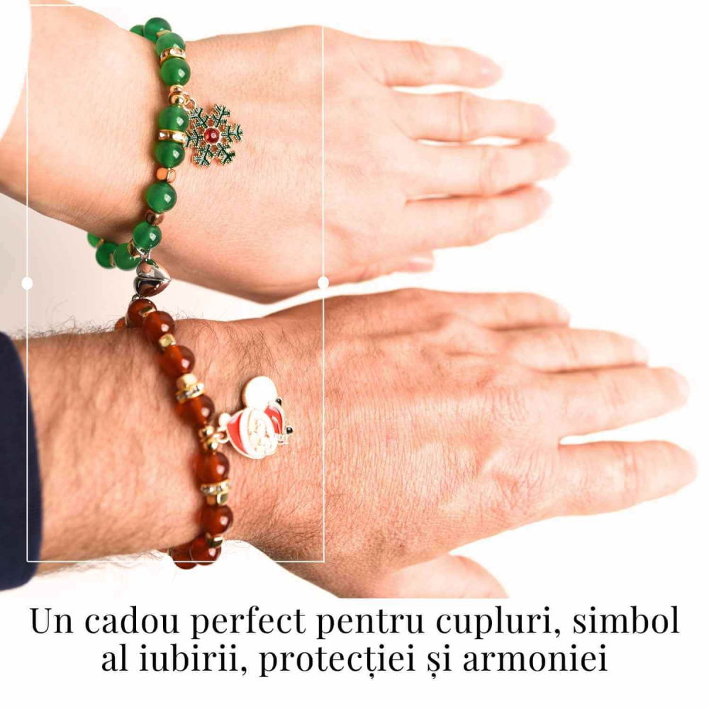 Set bratari cuplu Agat rosu, verde cu accesoriu Mos Craciun si fulg de nea - iubire si protectie [2]