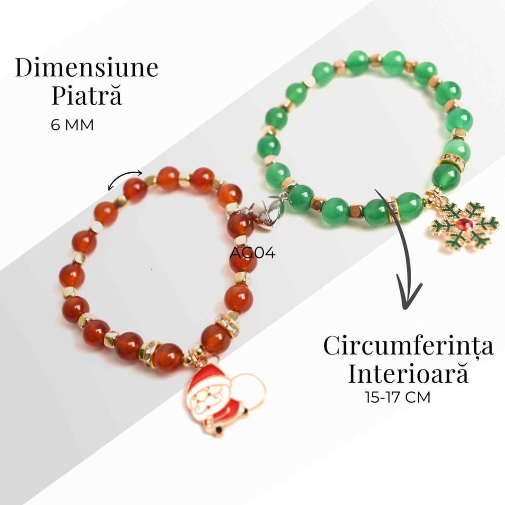 Set bratari cuplu Agat rosu, verde cu accesoriu Mos Craciun si fulg de nea - iubire si protectie [5]