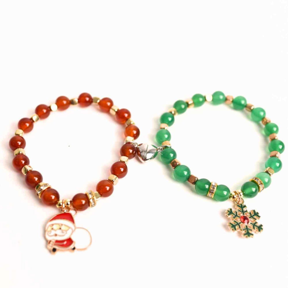 Set bratari cuplu Agat rosu, verde cu accesoriu Mos Craciun si fulg de nea - iubire si protectie [1]