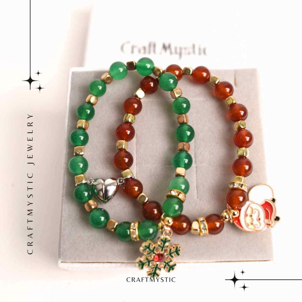 Set bratari cuplu Agat rosu, verde cu accesoriu Mos Craciun si fulg de nea - iubire si protectie [6]