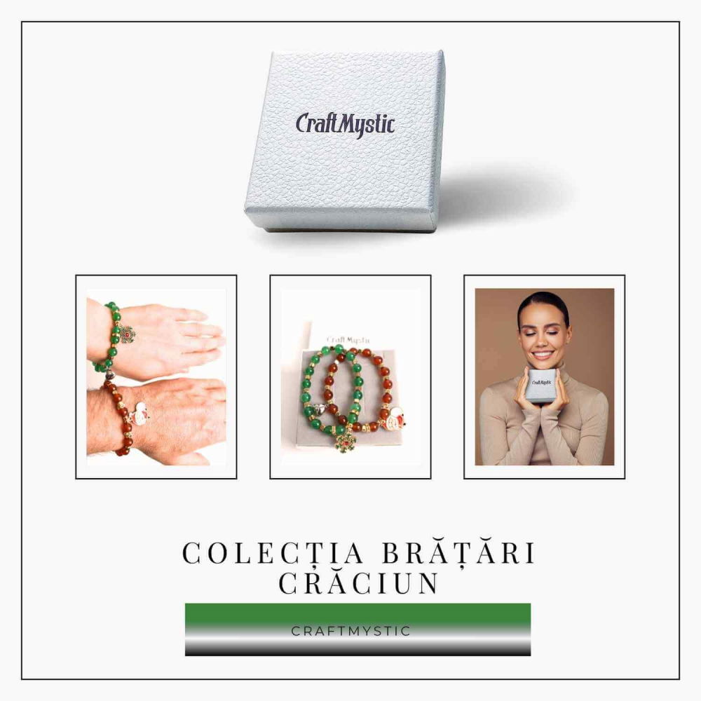 Set bratari cuplu Agat rosu, verde cu accesoriu Mos Craciun si fulg de nea - iubire si protectie [7]