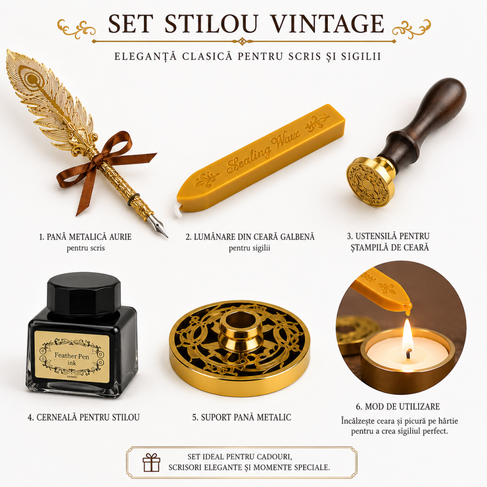 Set Stilou Pana Aurie Metalica Vintage – Eleganta si Cadou Special pentru Caligrafie [5]
