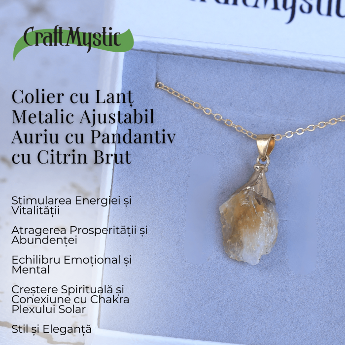 Colier ajustabil auriu cu pandantiv citrin brut - Energie si Claritate [3]
