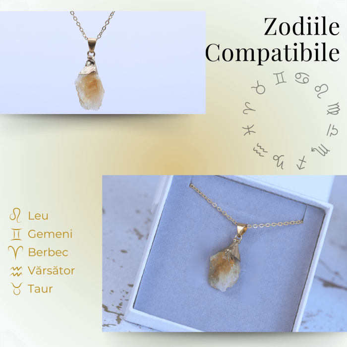 Colier ajustabil auriu cu pandantiv citrin brut - Energie si Claritate [5]