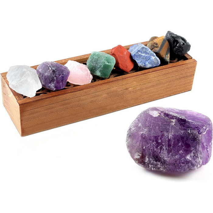 Set 8  pietre semipretioase chakra in cutie de lemn - Cristale reiki de vindecare din piatre naturale brute pentru meditatie, echilibrarea chakrelor sau ritualuri magice [4]