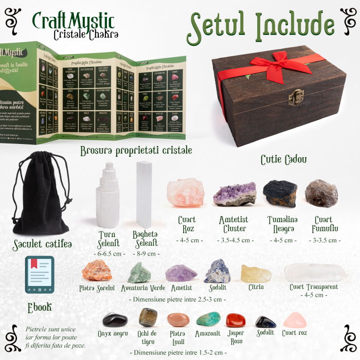 Set cristale premium si pietre semipretioase vindecatoare  in cutie de lemn - 20 piese, turn selenit,  pietre chakre, cristale brute, cluster de ametist, varf de cristal transparent, cuarț trandafir + brosura cu proprietatile cristalelor, ebook despre cristale CraftMystic, saculet negru catifea. [3]