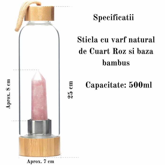 Sticla pentru apa cu varf cristal Cuart Roz si Bambus - Capacitate 500 ml si include husa de protectie neagra [2]