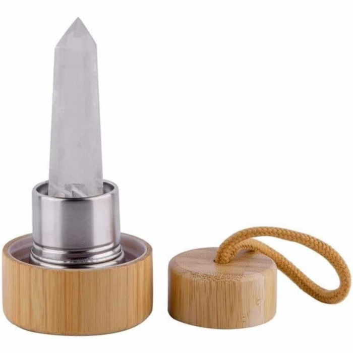 Sticla pentru apa cu varf cristal Cuart Roz si Bambus - Capacitate 500 ml si include husa de protectie neagra [6]