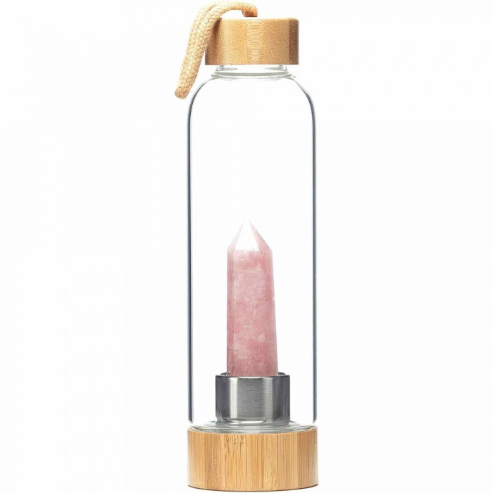 Sticla pentru apa cu varf cristal Cuart Roz si Bambus - Capacitate 500 ml si include husa de protectie neagra [1]