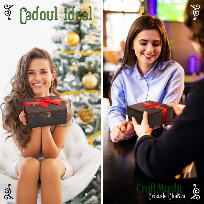 Set cristale premium si pietre semipretioase vindecatoare  in cutie de lemn - 20 piese, turn selenit,  pietre chakre, cristale brute, cluster de ametist, varf de cristal transparent, cuarț trandafir + brosura cu proprietatile cristalelor, ebook despre cristale CraftMystic, saculet negru catifea. [7]