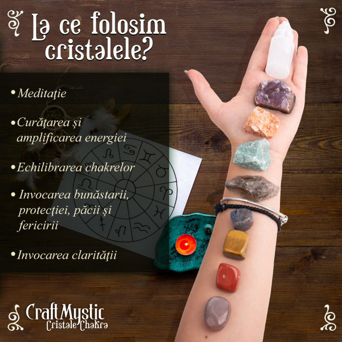 Set cristale premium si pietre semipretioase vindecatoare  in cutie de lemn - 20 piese, turn selenit,  pietre chakre, cristale brute, cluster de ametist, varf de cristal transparent, cuarț trandafir + brosura cu proprietatile cristalelor, ebook despre cristale CraftMystic, saculet negru catifea. [4]