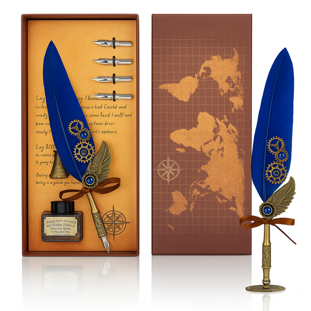 Set Stilou Pana Albastra – Cutie Cadou, 5 Penite, Cerneala si Suport [1]