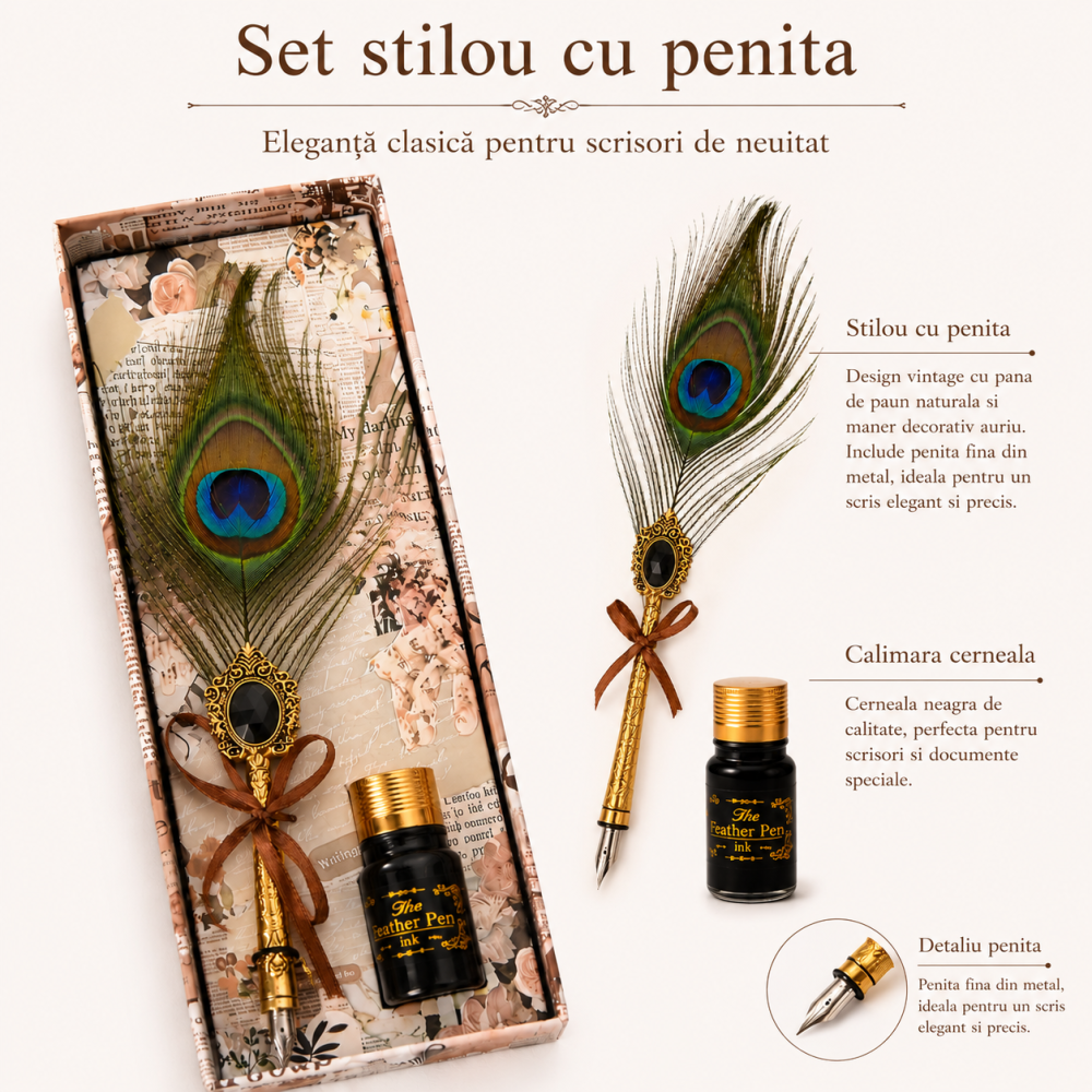Set Stilou cu Penita si Pana in Cutie Cadou – Eleganta Vintage si Inspiratie Creativa [3]