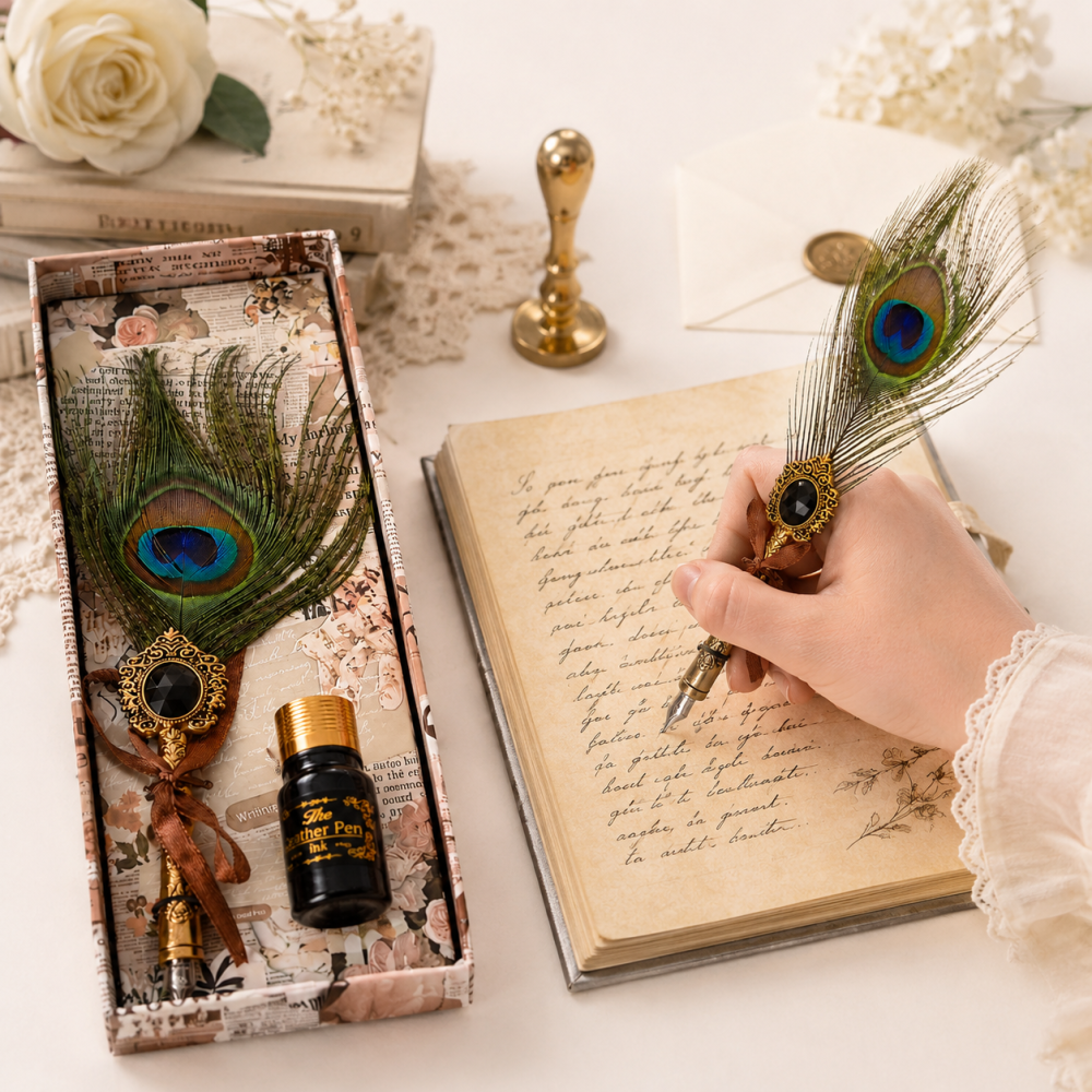 Set Stilou cu Penita si Pana in Cutie Cadou – Eleganta Vintage si Inspiratie Creativa [4]
