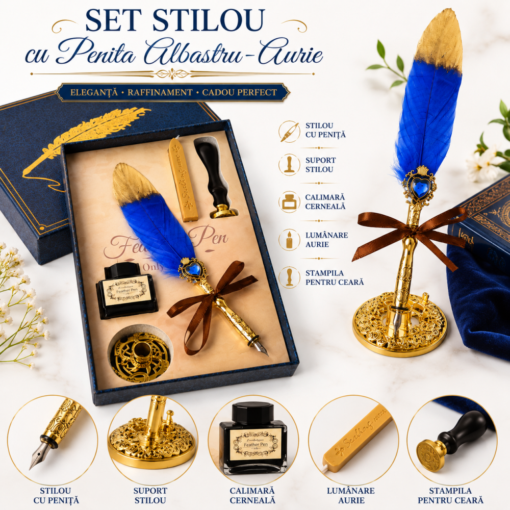 Set Stilou cu Penita si Pana Albastru-Auriu – Cadou Elegant pentru Scris Creativ [3]